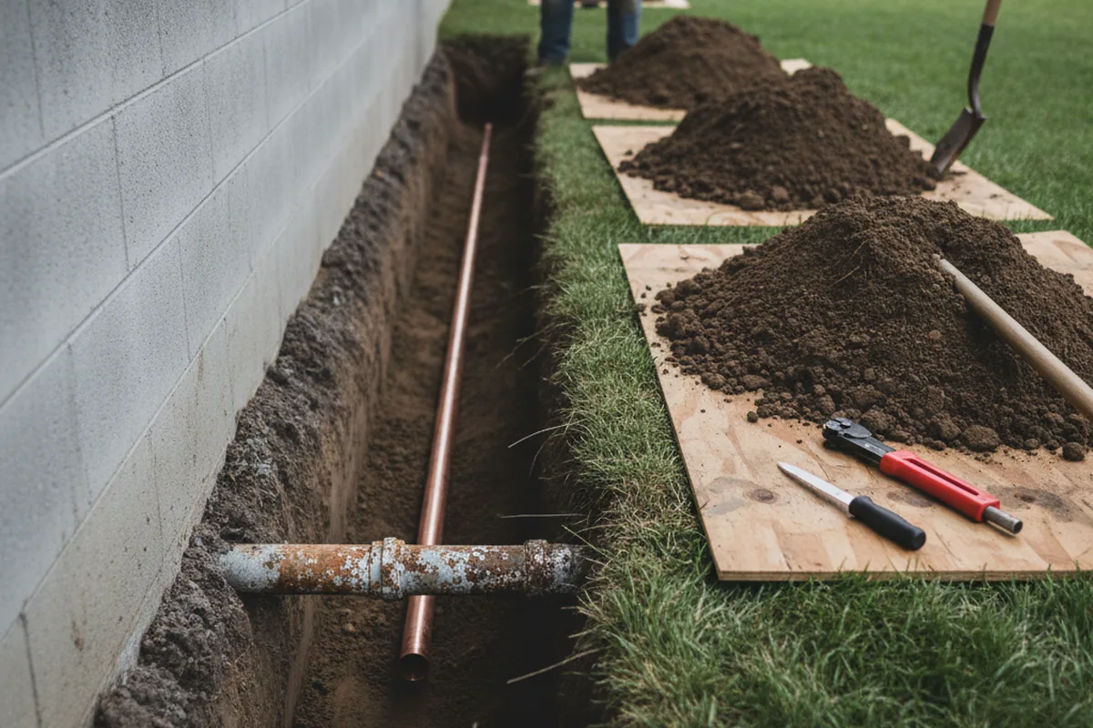 Excavated water line trench during Water Heater Repair in New Baden
